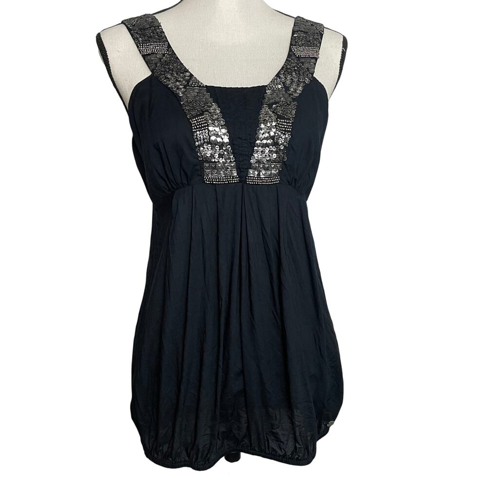 Embellished Sequin Beaded Sleeveless V-Neck Bubble Blouse Navy Blue Women's US 6